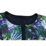 SG-1712 Women Tall Big Girl Lady Swimsuit Half Sleeves Tropical Leaf Boy-leg Rash Guard Plus Size One Piece Swimwear